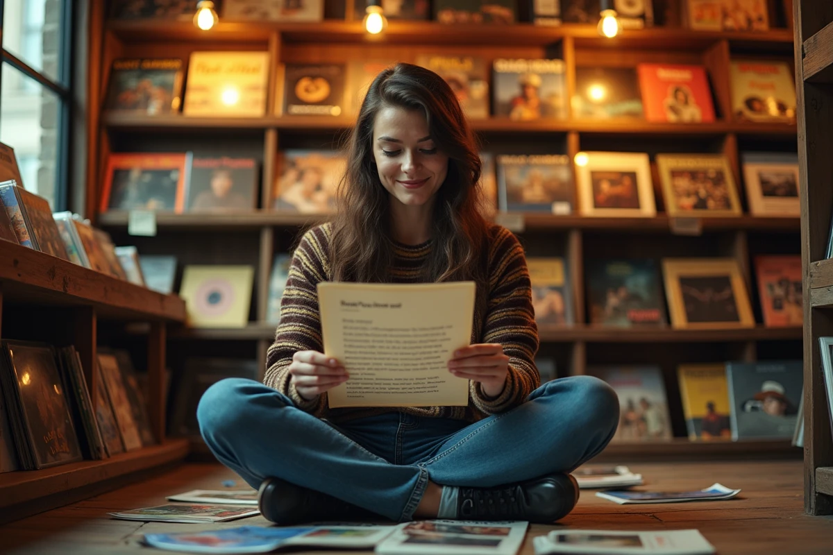 Jeune femme lisant les paroles de Lola de Renaud dans un magasin de disques vintage entouré de vinyles