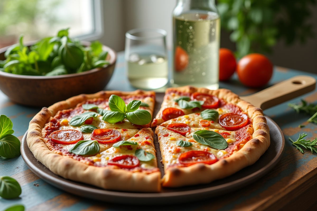 Partie de pizza au chorizo avec croûte de blé complet et salade fraîche