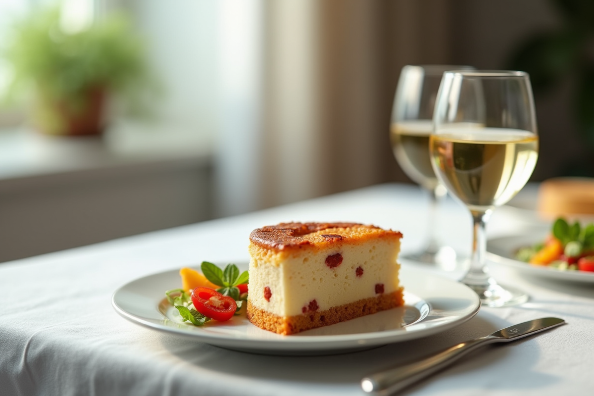 Partie de gâteau avec vin blanc et salade sur table moderne
