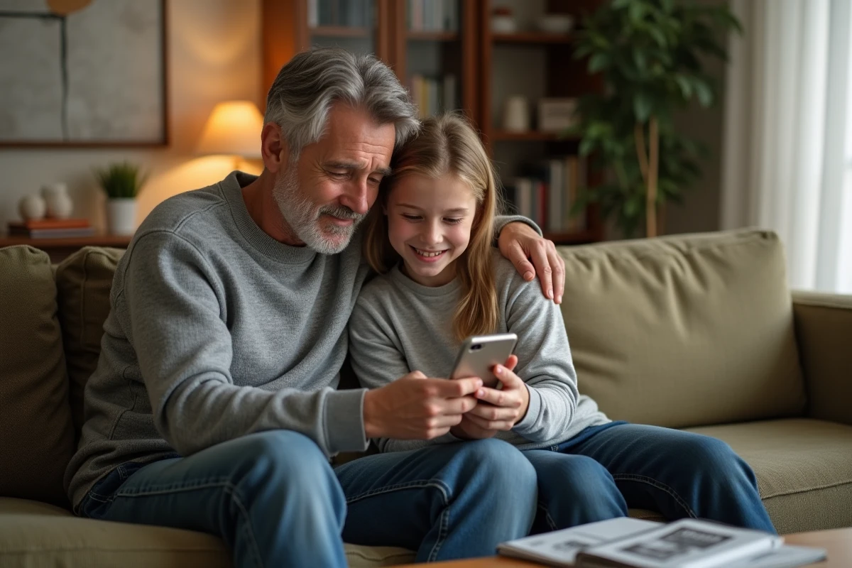 Père et fille adolescente regardant ensemble un smartphone dans le salon familial, illustrant l'incompréhension et le dialogue entre générations sur le vocabulaire des jeunes