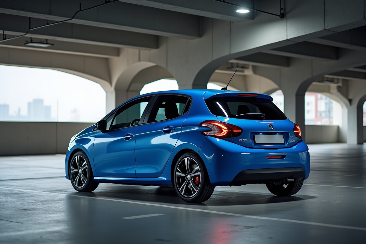 Voiture Peugeot 208 bleue vue de côté dans un parking