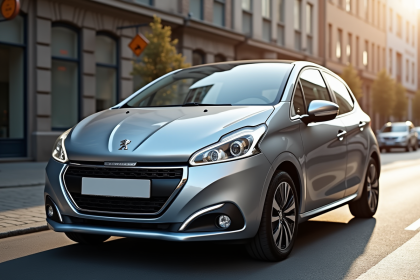 Voiture Peugeot 208 argentée en ville en journée