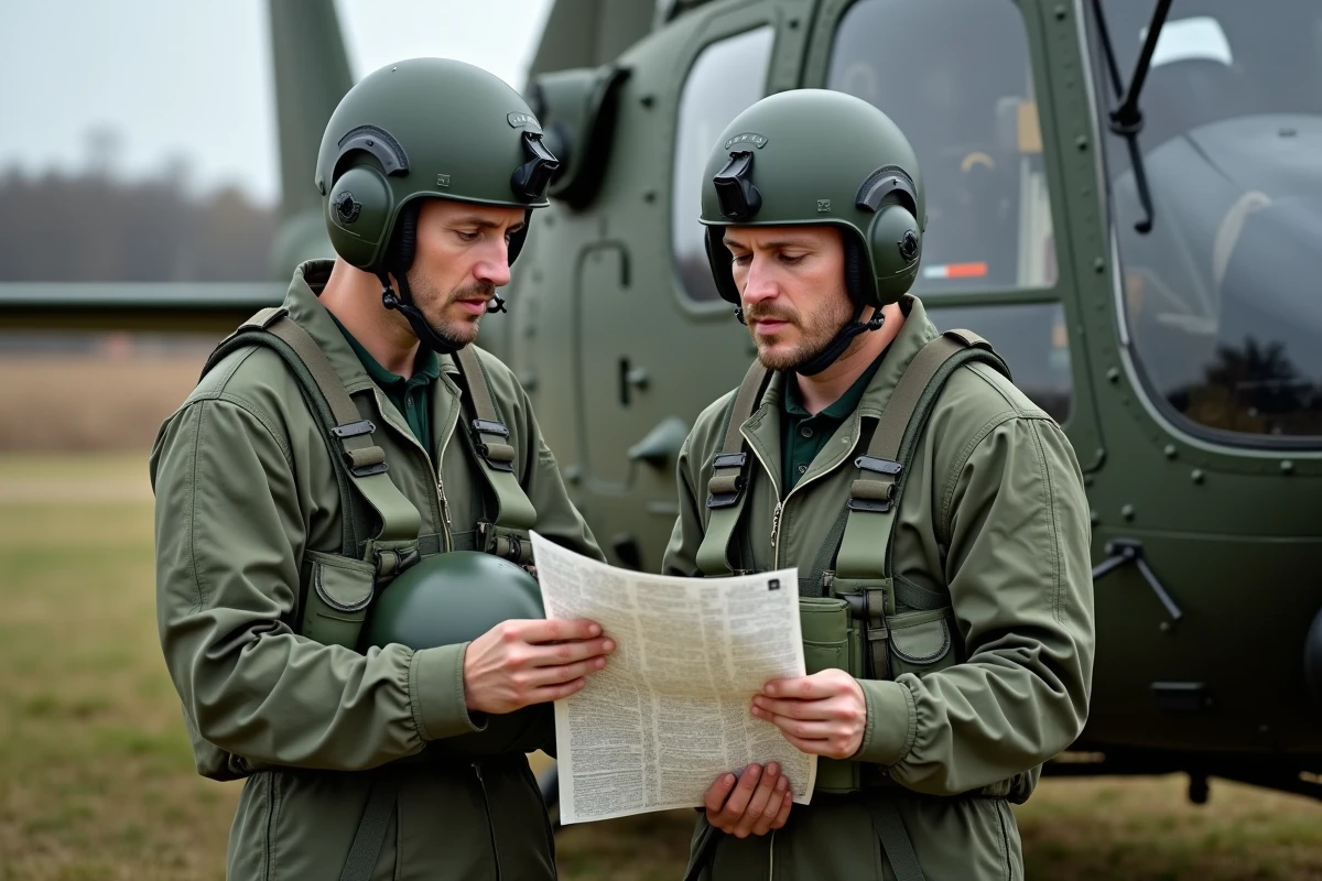 Pilotes de l'armée française en combinaison de vol consultant une carte topographique près de leur hélicoptère militaire