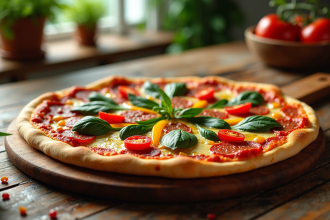 Pizza maison au chorizo avec légumes colorés et huile d'olive
