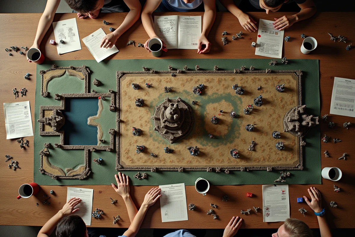 Vue aérienne d'un plateau de jeu de stratégie de guerre avec des armées de figurines militaires peintes en formation tactique