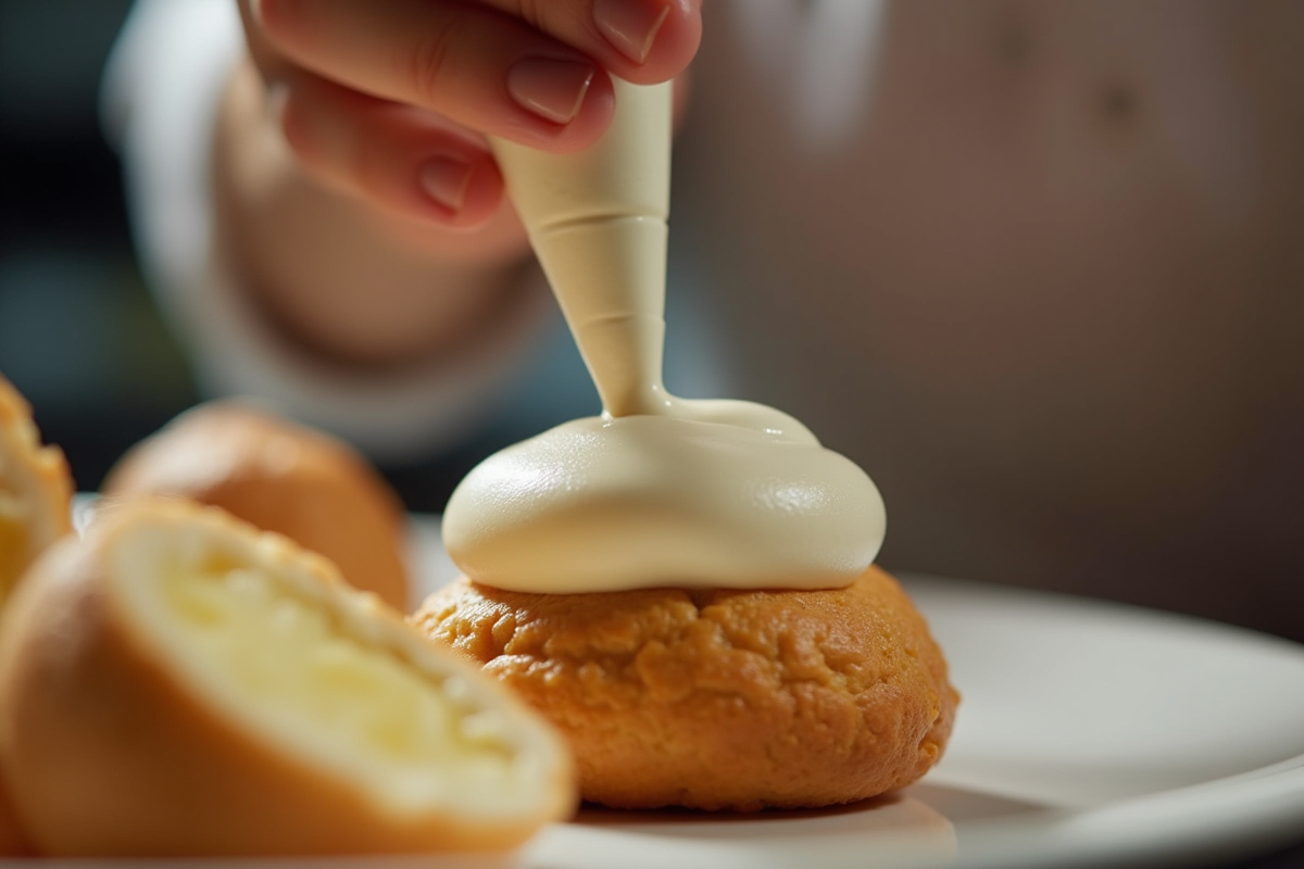 Main du chef remplissant une profiterole de chantilly
