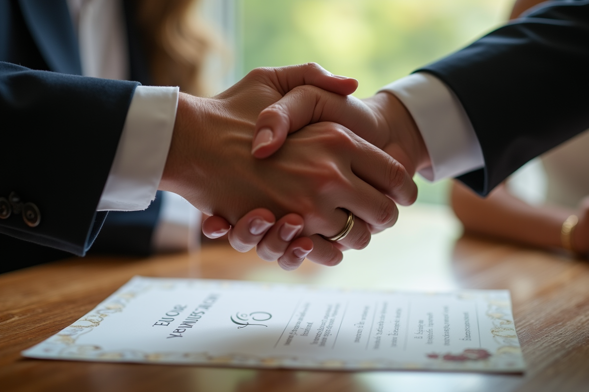 Poignée de mains avec alliances sur invitation de renouvellement
