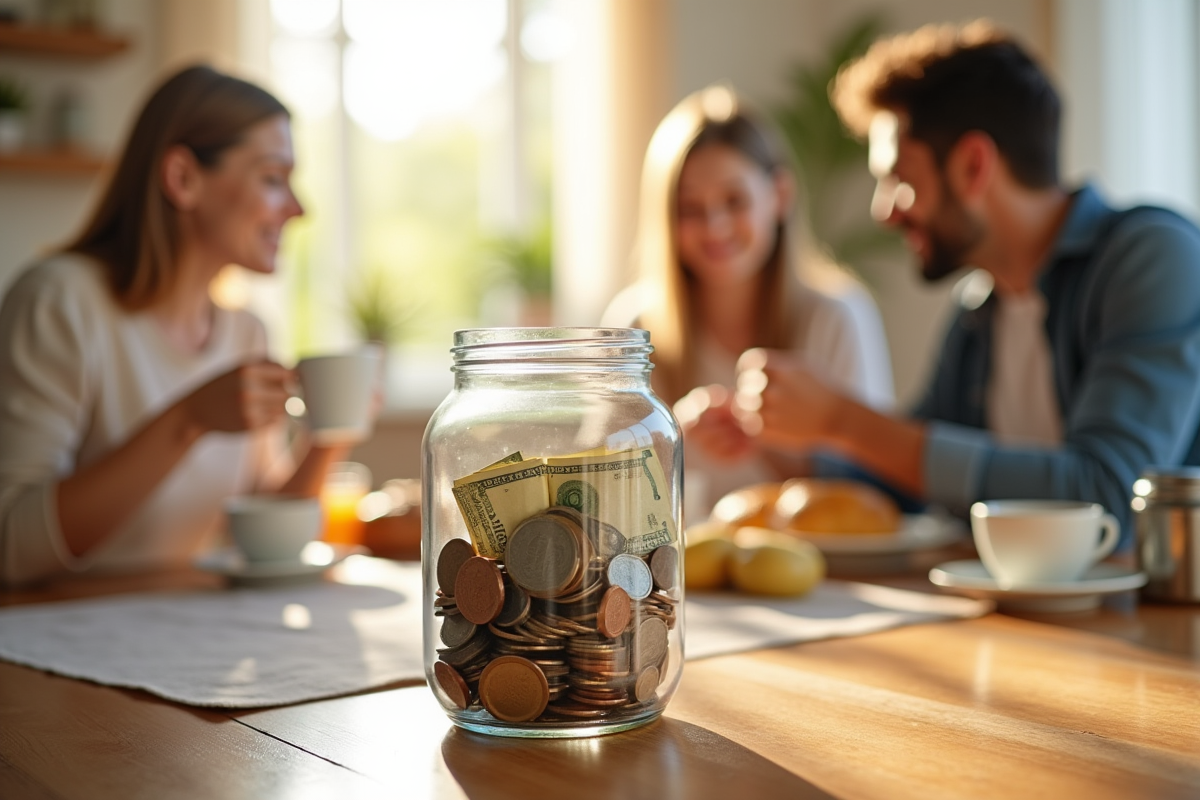 Pot rempli de pièces et billets sur une table ensoleillée