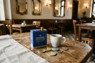 Paquet de cigarettes bleues avec filtre posé sur une table de café luxembourgeois avec pièces en euros et expresso