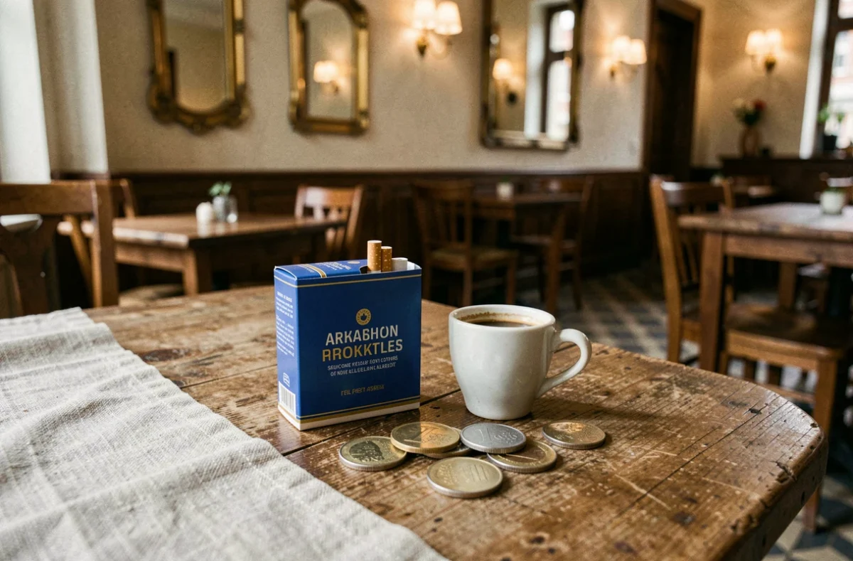 Paquet de cigarettes bleues avec filtre posé sur une table de café luxembourgeois avec pièces en euros et expresso