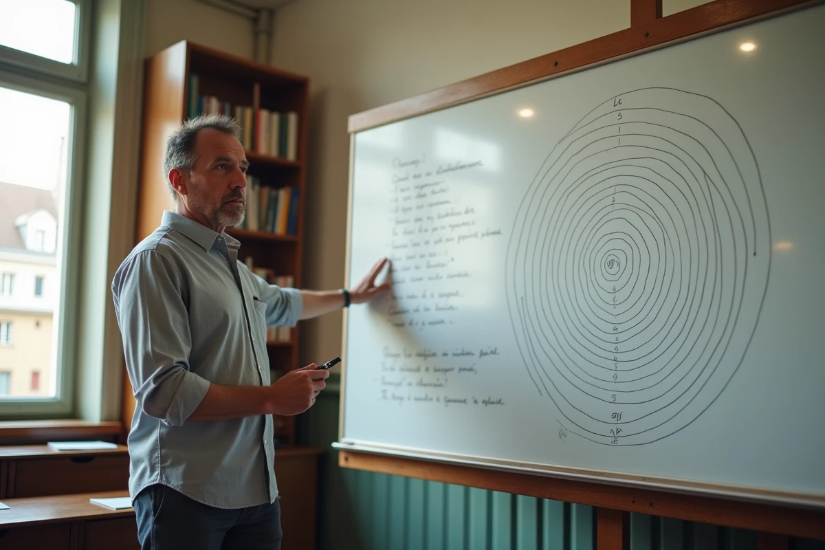 Professeur expliquant le mythe du Labyrinthe et du Minotaure au tableau dans une salle de classe de lycée