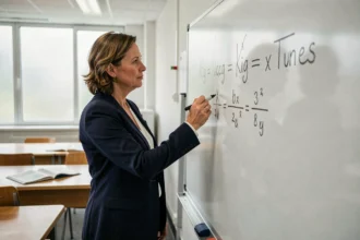 Professeure écrivant une formule de conversion kilogrammes en tonnes au tableau blanc dans une salle de classe moderne