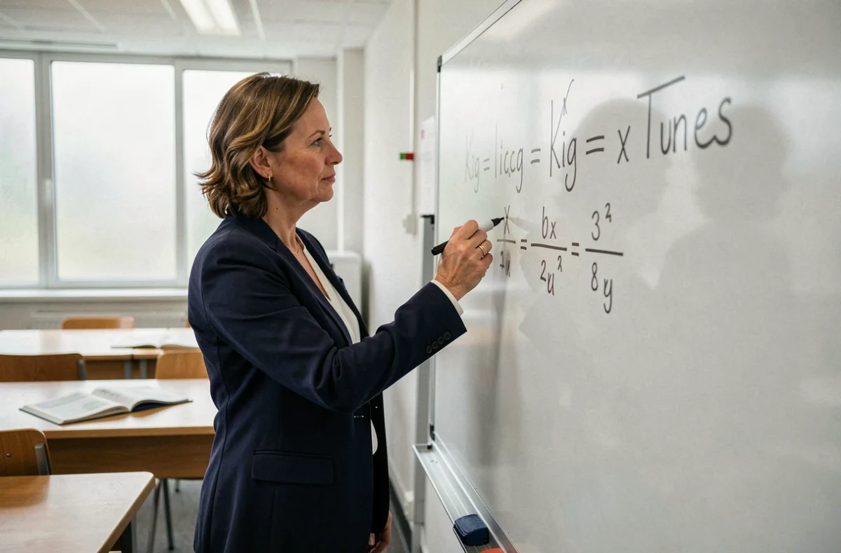 Professeure écrivant une formule de conversion kilogrammes en tonnes au tableau blanc dans une salle de classe moderne
