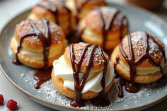 Assiette de profiteroles garnies de creme chantilly et sauce chocolat