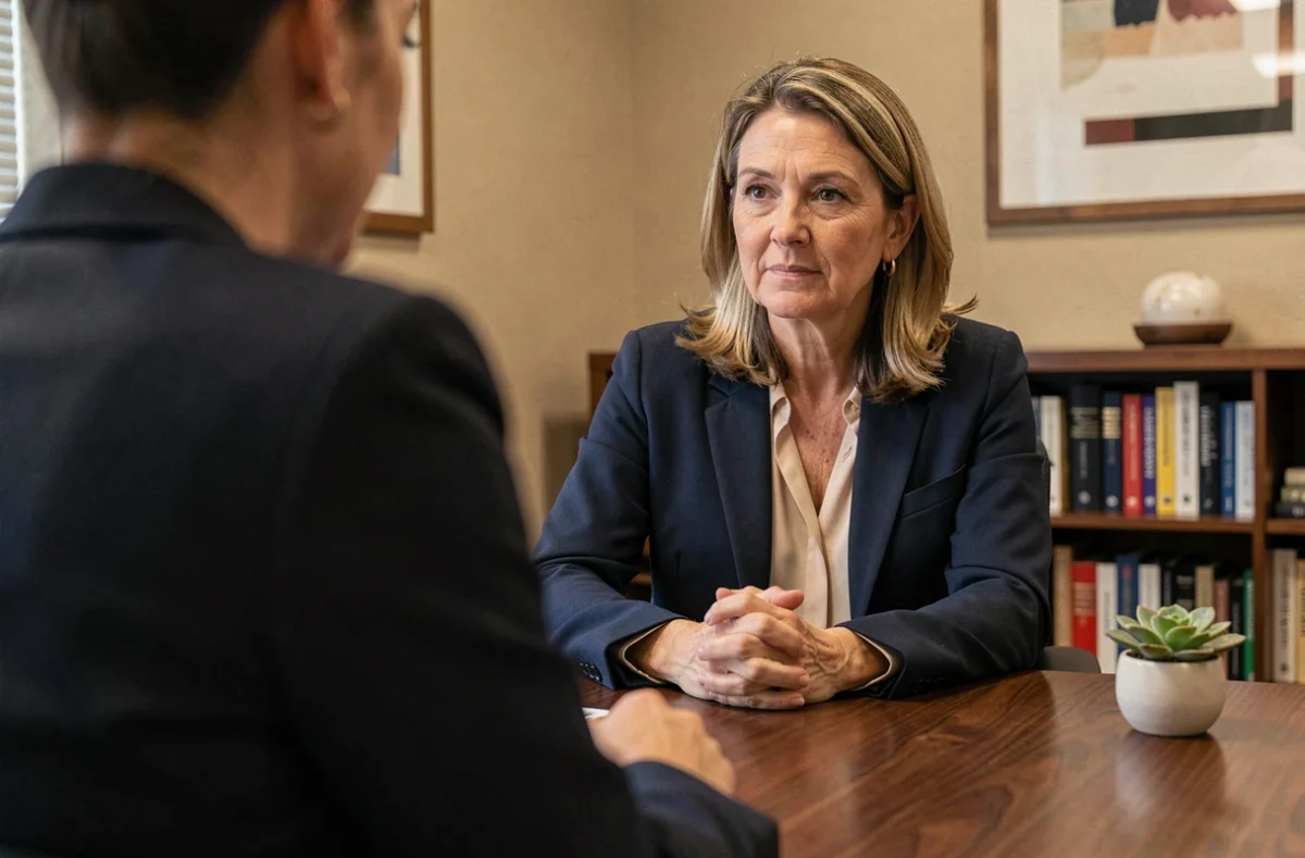 Psychologue attentive en consultation avec une patiente dans un cabinet thérapeutique, illustrant l'analyse des émotions d'une femme troublée par un homme