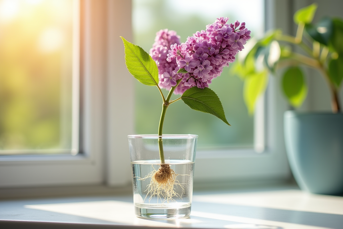 Rameau de lilas coupé dans un vase d