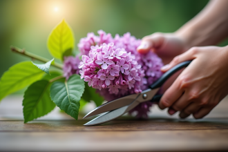 Mains manipulant un rameau de lilas sain avec des ciseaux de jardinage