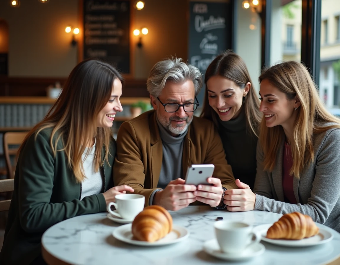 Groupe de personnes réagissant avec amusement et scepticisme à un contenu humoristique politique sur un smartphone dans un café parisien