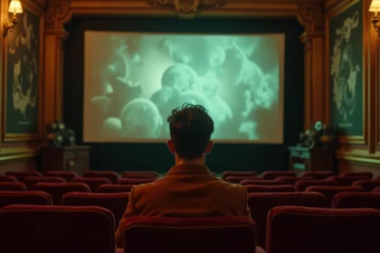 Réalisateur analysant des références cinématographiques dans une salle de projection vintage aux fauteuils en velours bordeaux