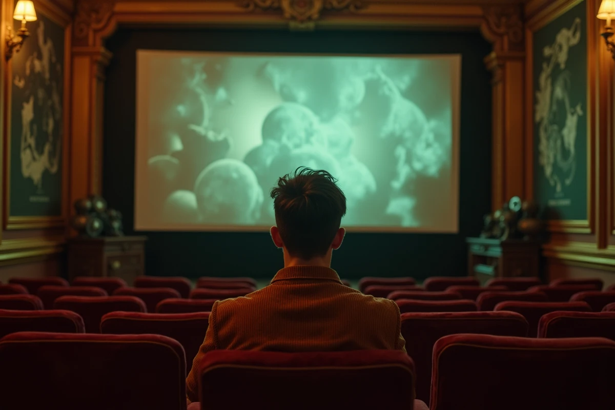 Réalisateur analysant des références cinématographiques dans une salle de projection vintage aux fauteuils en velours bordeaux