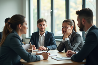 Jeune employé inquiet lors d'une réunion de bureau