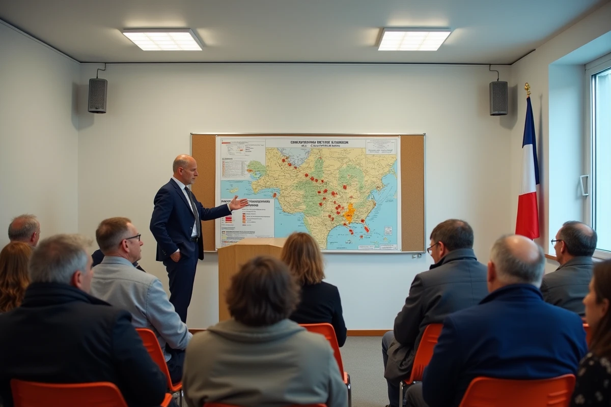 Réunion publique municipale présentant les zones de survol d'hélicoptères militaires aux habitants d'une commune française