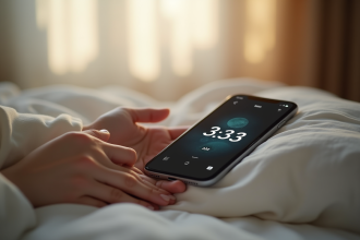 Smartphone avec heure 3h33 au matin lumière douce