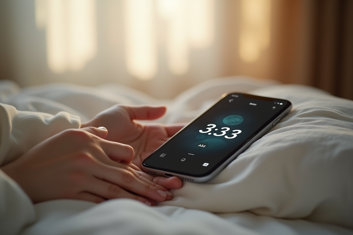 Smartphone avec heure 3h33 au matin lumière douce