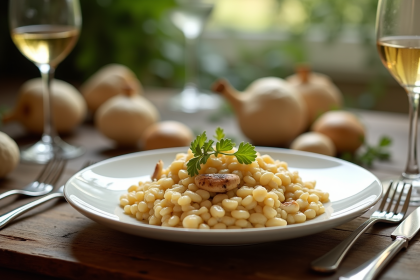 Risotto crémeux aux girolles sur table en bois naturel