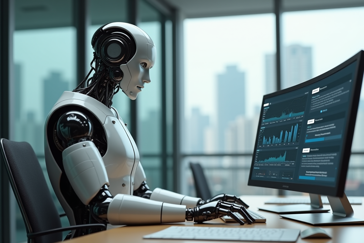 Robot humanoide analysant des données dans un bureau moderne