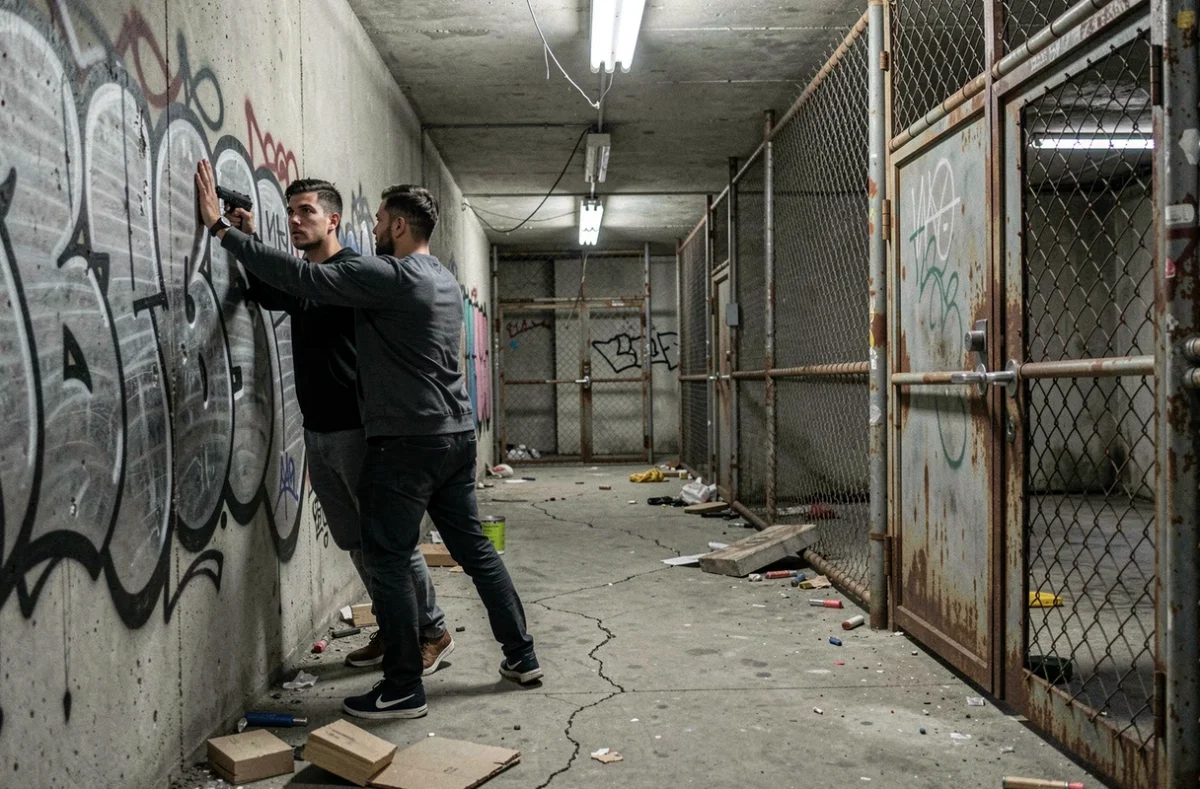 Deux joueurs tendus explorant un couloir urbain délabré dans l'escape game Sans Issue à Golbey dans les Vosges