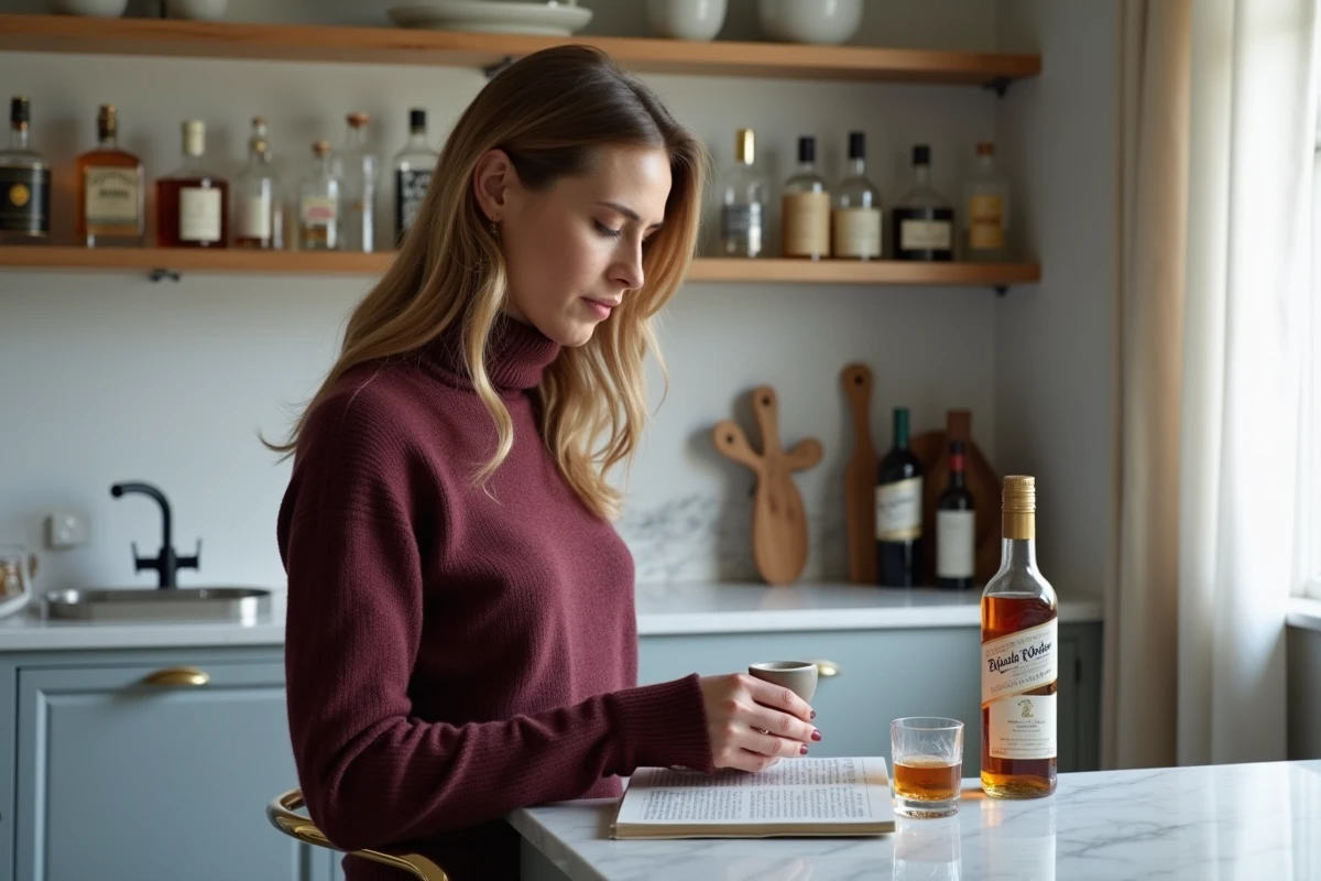 Femme servant le Johnnie Walker Blue Label dans un récipient inadapté, erreur de service à domicile lors de la dégustation de whisky