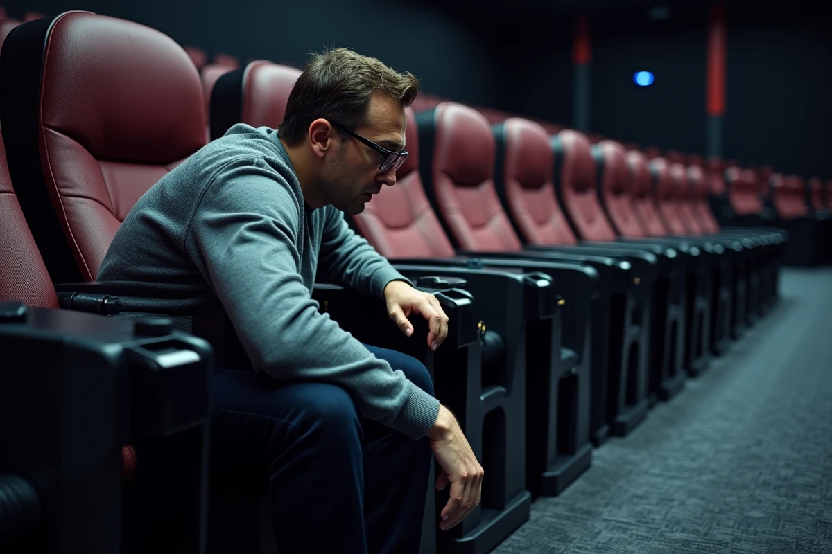 Homme inspectant le mécanisme d'un siège 4DX vide dans une salle de cinéma multiplexe