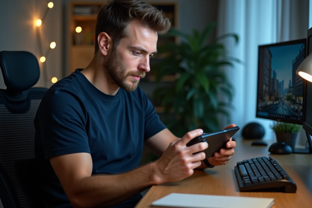 Homme jouant à un jeu vidéo sur un grand smartphone de 8 pouces assis à son bureau