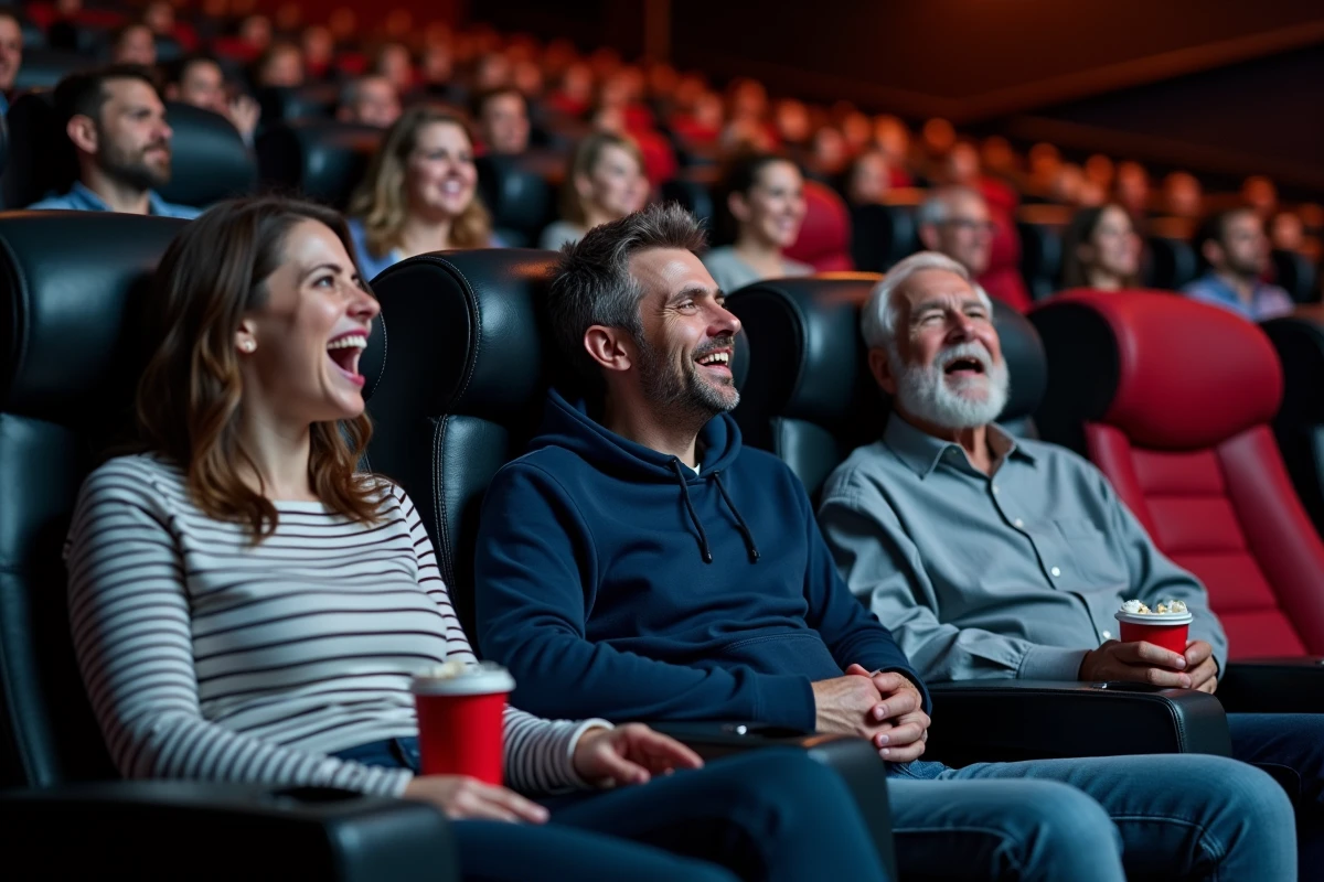 Groupe de spectateurs réagissant aux mouvements des sièges 4DX pendant une projection au cinéma