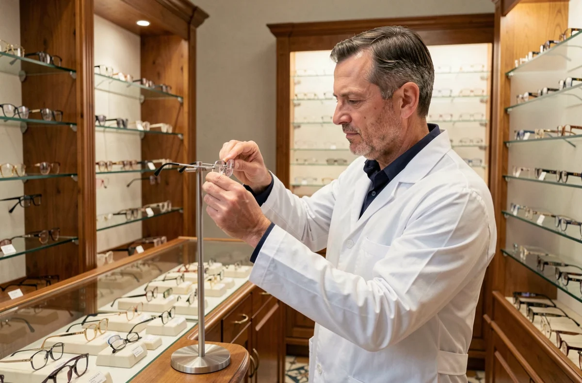 Opticien professionnel ajustant des lunettes sans monture dans la boutique Stras Optic Vision Leblois à Strasbourg