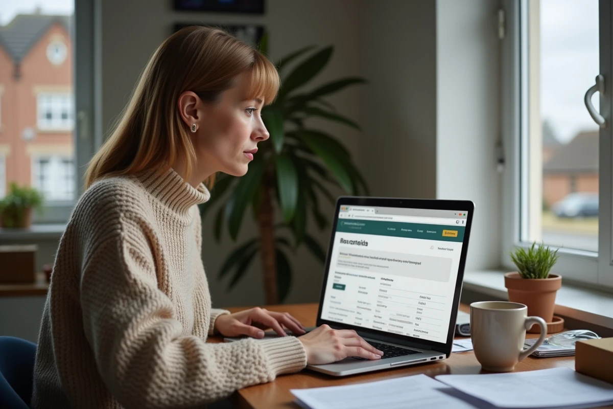 Femme consultant le suivi de son colis en ligne depuis son bureau à domicile avec statut en transit affiché