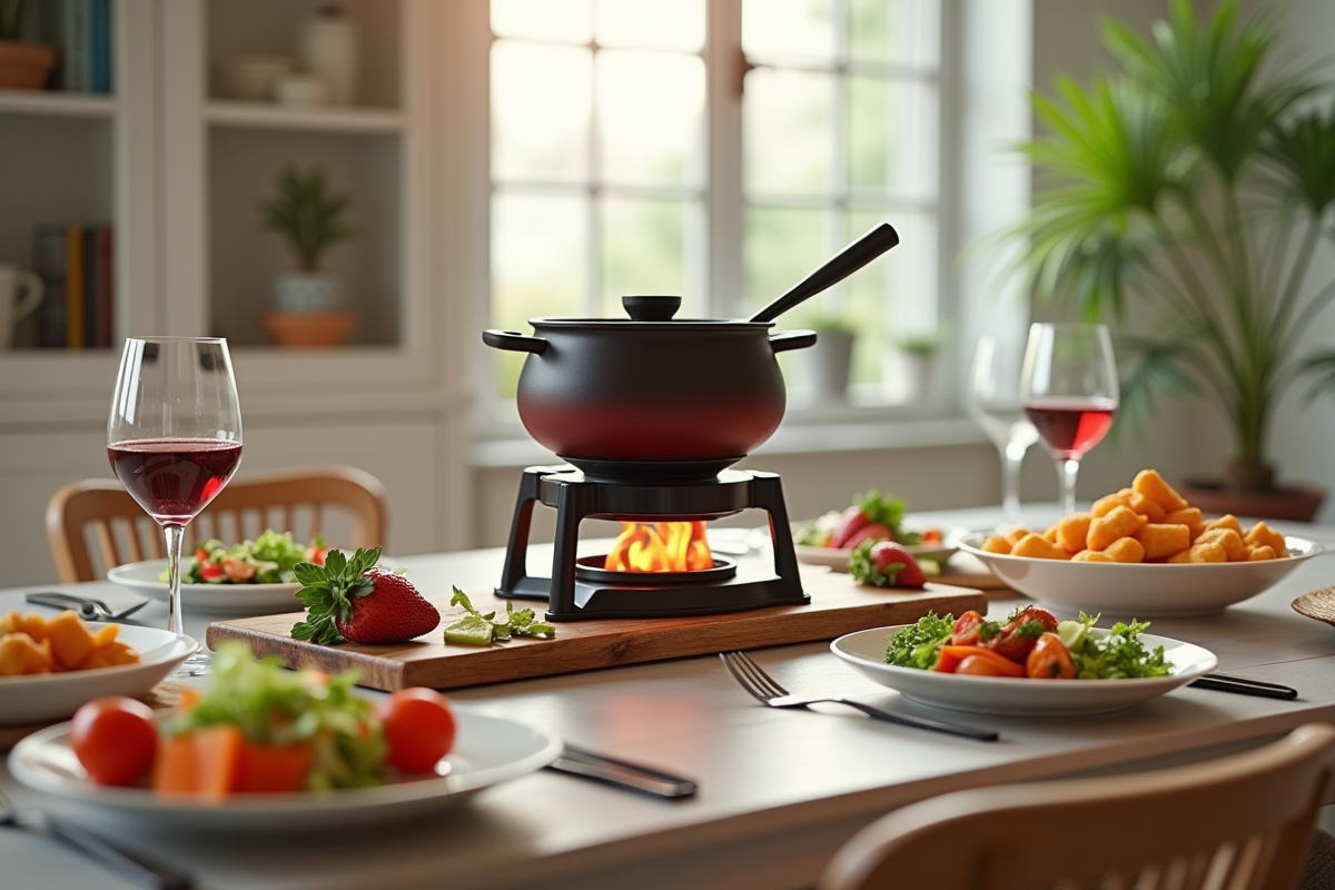 Table moderne avec fondue élégante légumes et salades