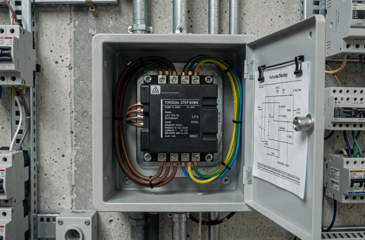 Vue rapprochée d'un transformateur torique installé dans un tableau électrique avec schéma de câblage 380V vers 220V
