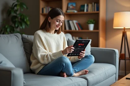 Femme utilisant une grande tablette de 8 pouces pour regarder Netflix sur un canapé moderne