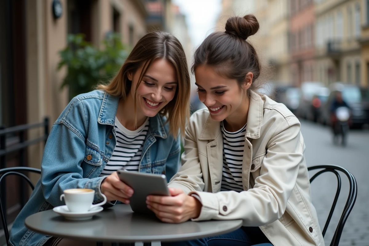 Deux amis regardant les réseaux sociaux sur une tablette 8 pouces en terrasse de café