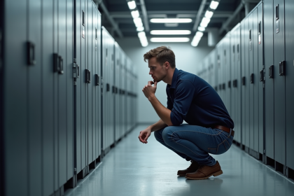 Technicien inspectant une grande batterie industrielle dans un centre d'énergie