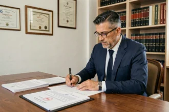 Traducteur marocain professionnel annoté un contrat bilingue français-arabe dans son bureau avec diplômes et dictionnaires juridiques