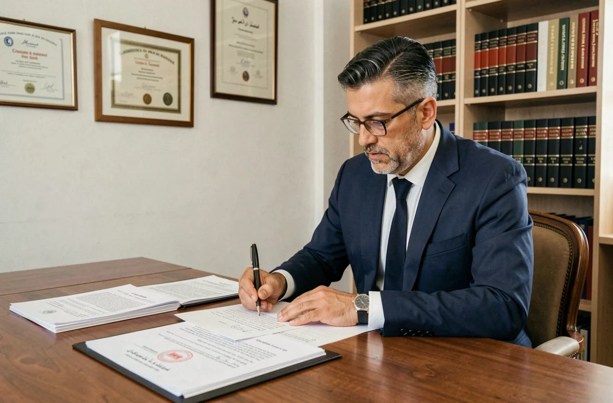 Traducteur marocain professionnel annoté un contrat bilingue français-arabe dans son bureau avec diplômes et dictionnaires juridiques