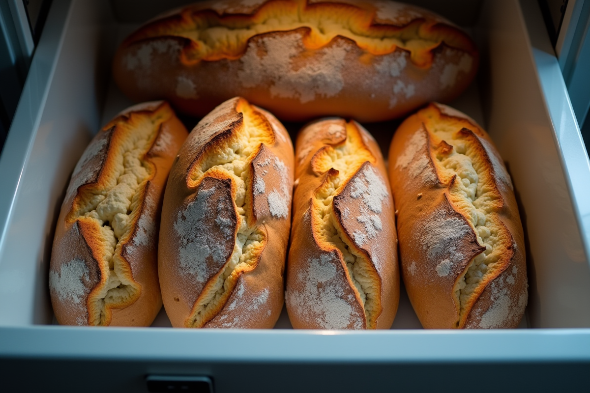 Tranches de pain rustique rangées dans un tiroir de congélation