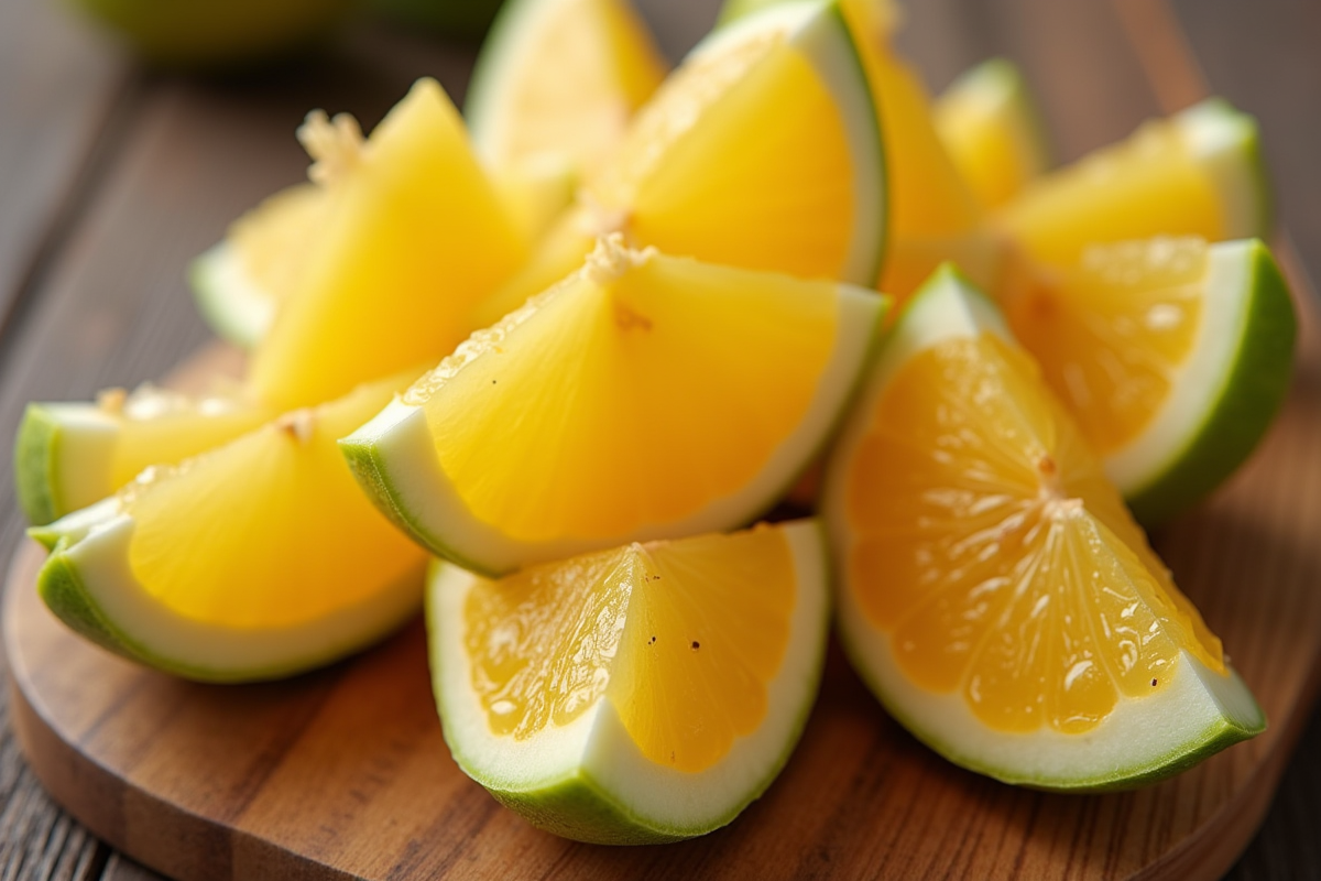 Tranches de starfruit fraîches sur planche en bois