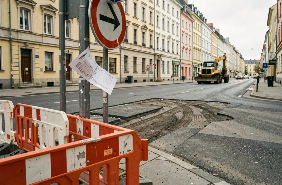 Arrêt de bus 378 perturbé par des travaux de voirie avec barrières et panneau de détour en milieu urbain