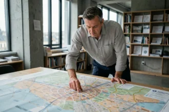 Urbaniste étudiant une carte détaillée de Paris intra-muros et de sa métropole dans un bureau d'aménagement urbain