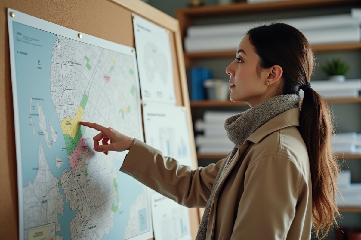 Urbaniste analysant une carte de zonage en intérieur