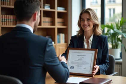 Notaire présentant son certificat de participation au Congrès UINL Paris à un client dans un bureau professionnel moderne